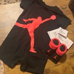 Jordan Black with Red Graphic and Slippers 0-6 Months Baby Shorts Romper Gift